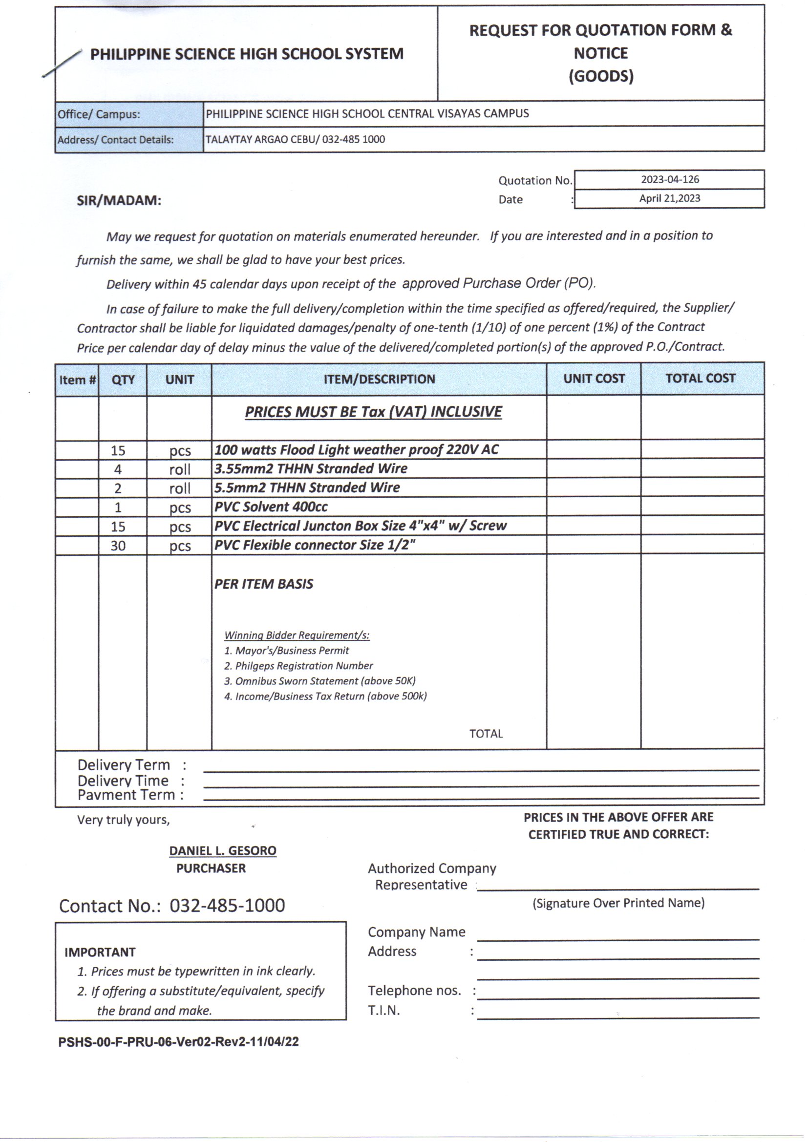 RFQ electrical materials and supplies p1of2
