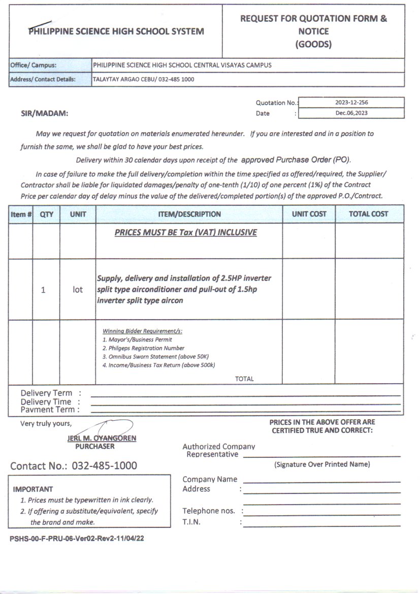 RFQ purchase airconditioner and pullout services p1of2