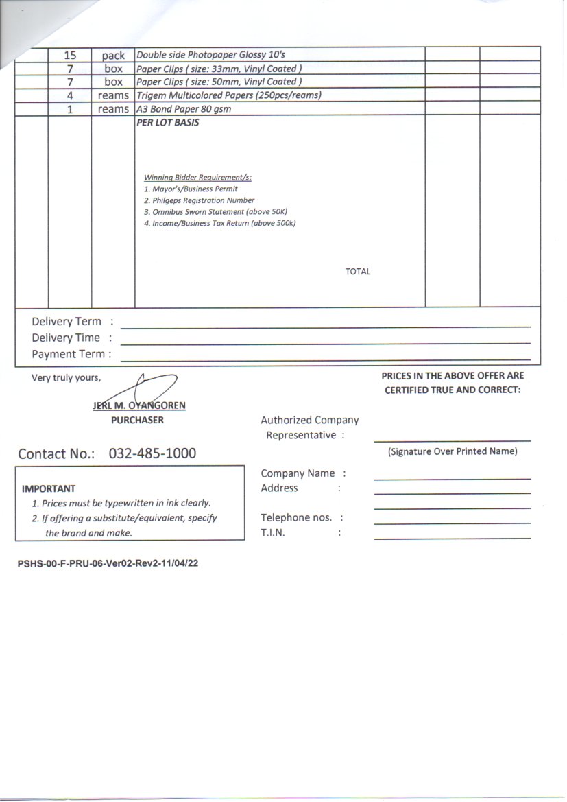 RFQ purchase office supplies bac office p2of3