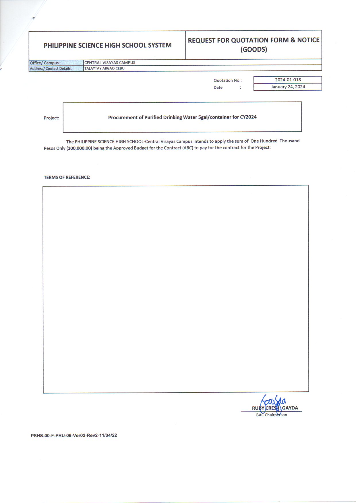 RFQ procurement purified drinking water 5gal container cy2024 p2of2