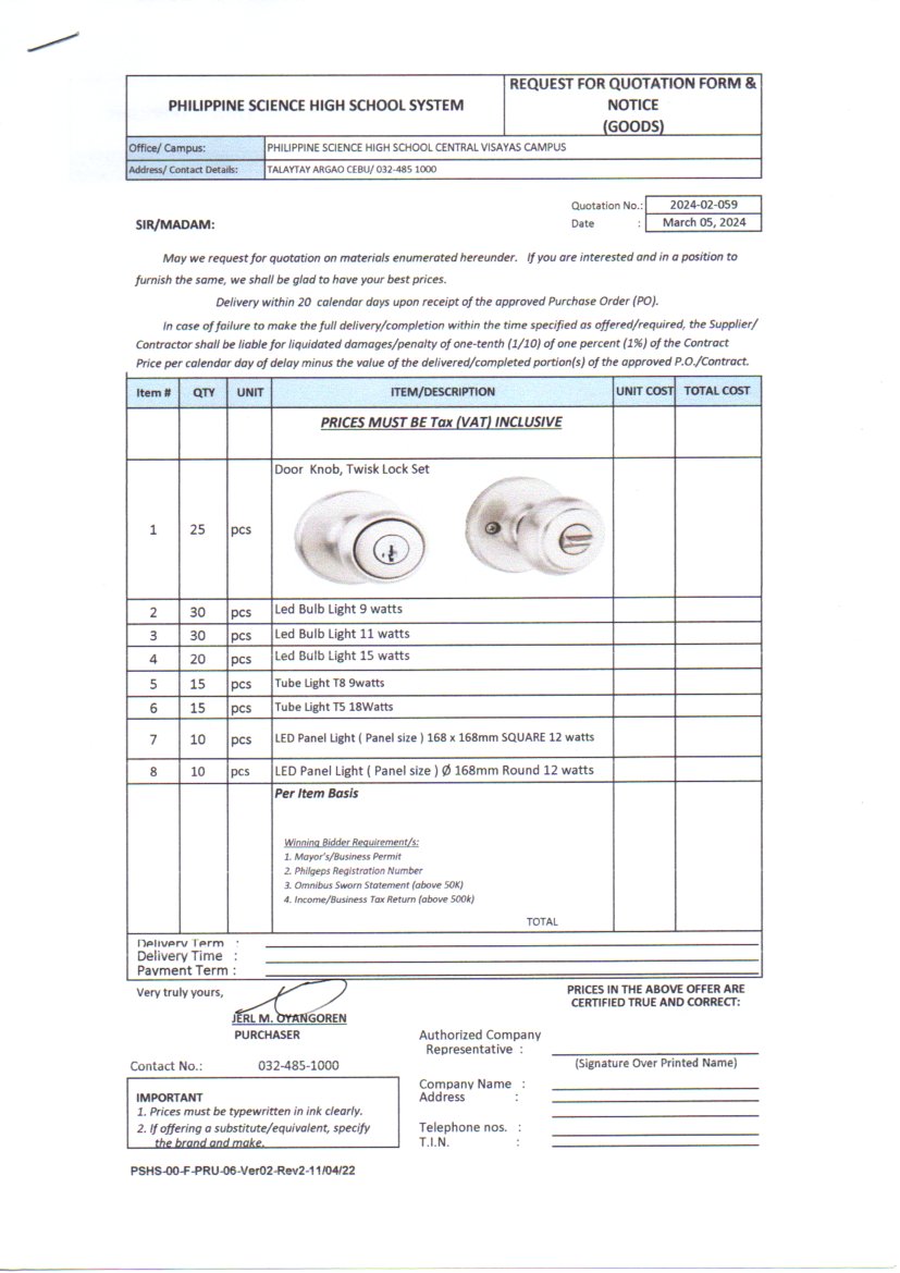 RFQ purchase of door knob and electrical lighting fixtures p1of2