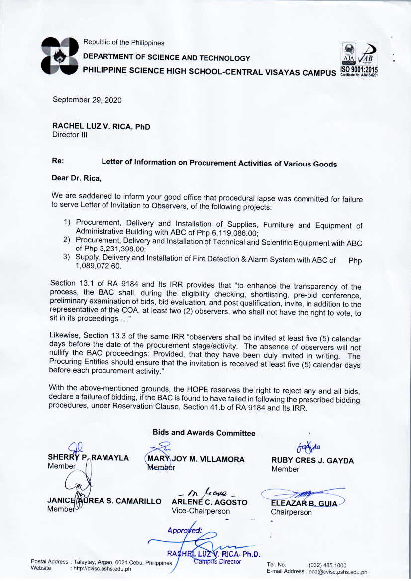 letter of information procurement of various goods