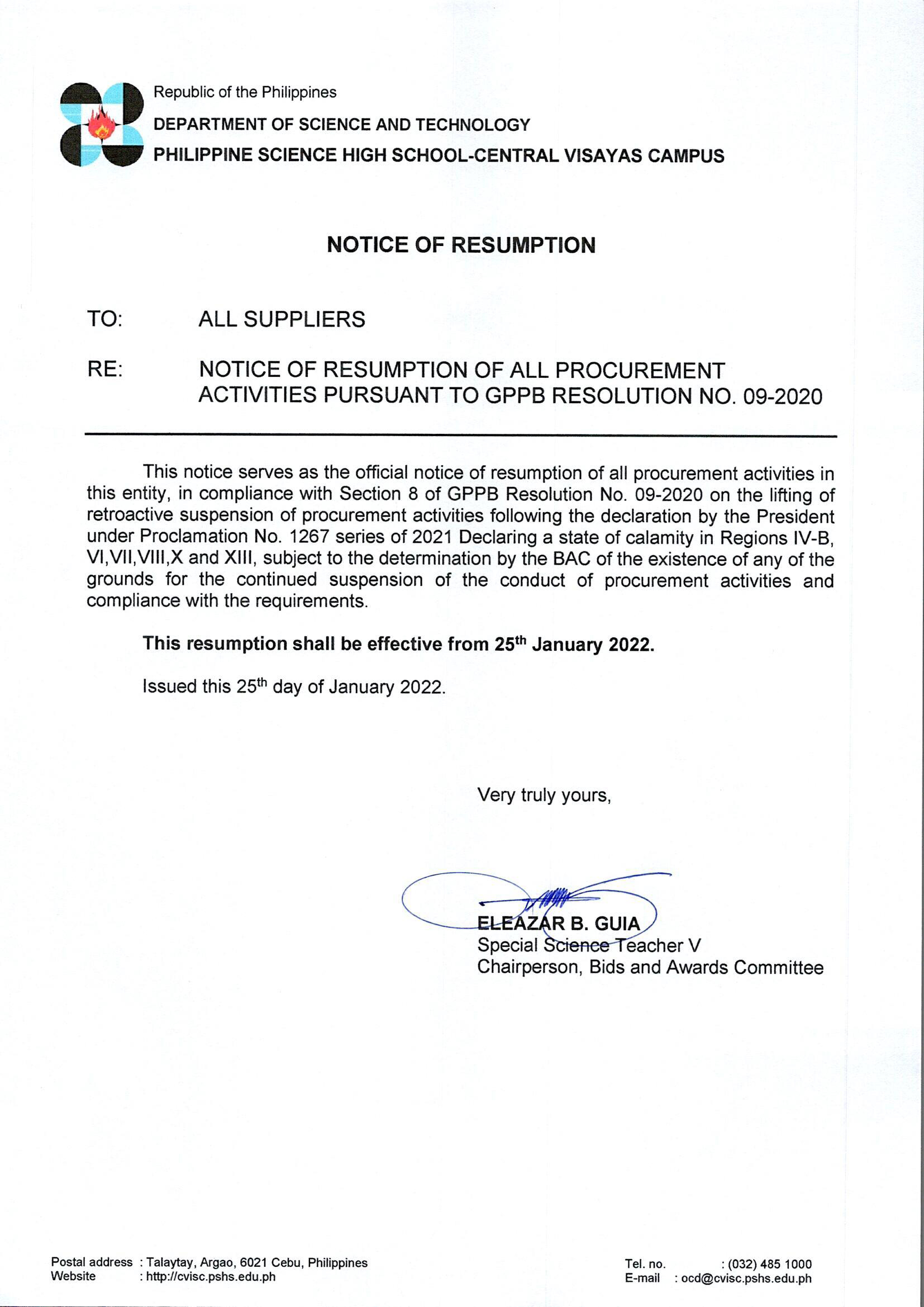 notice postponement for opening of bids av room