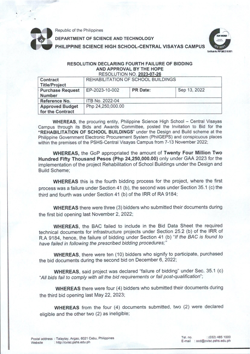 notice of failure of bidding for the rehabilitation of school buildings p1of2