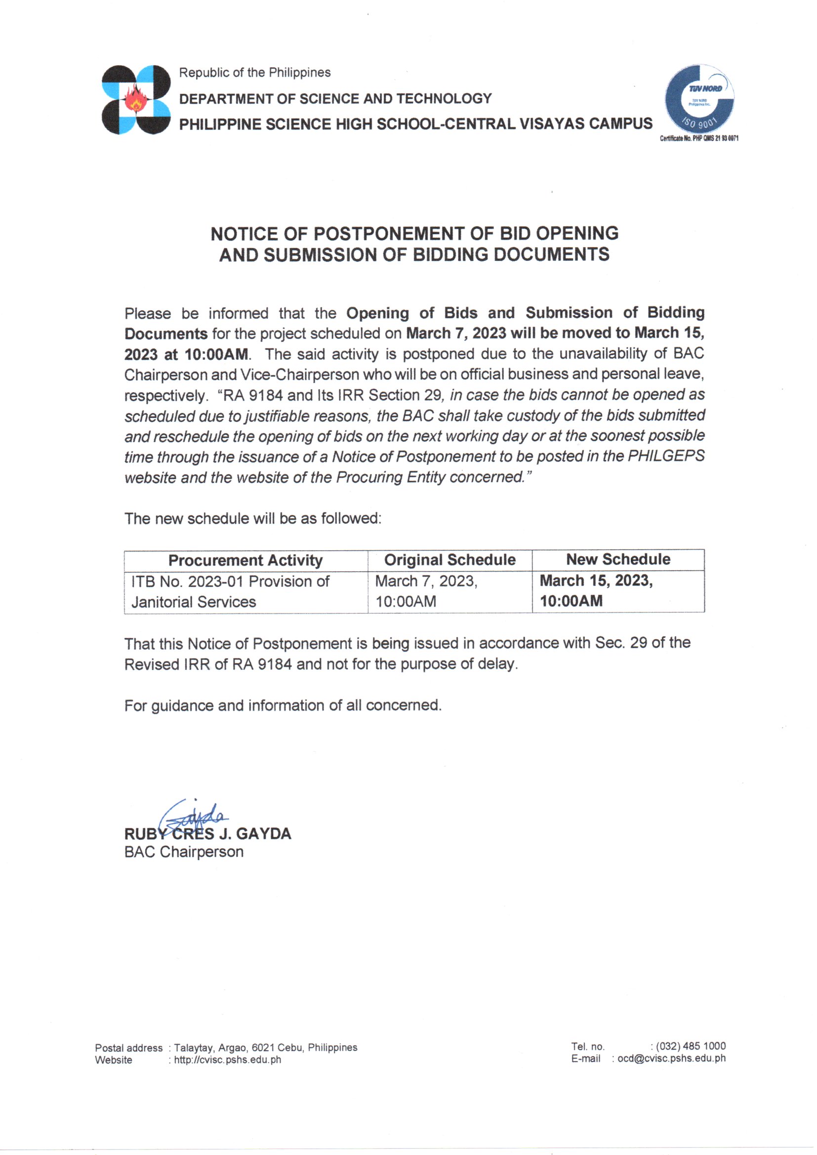 notice postponement of bid opening provision janitorial services