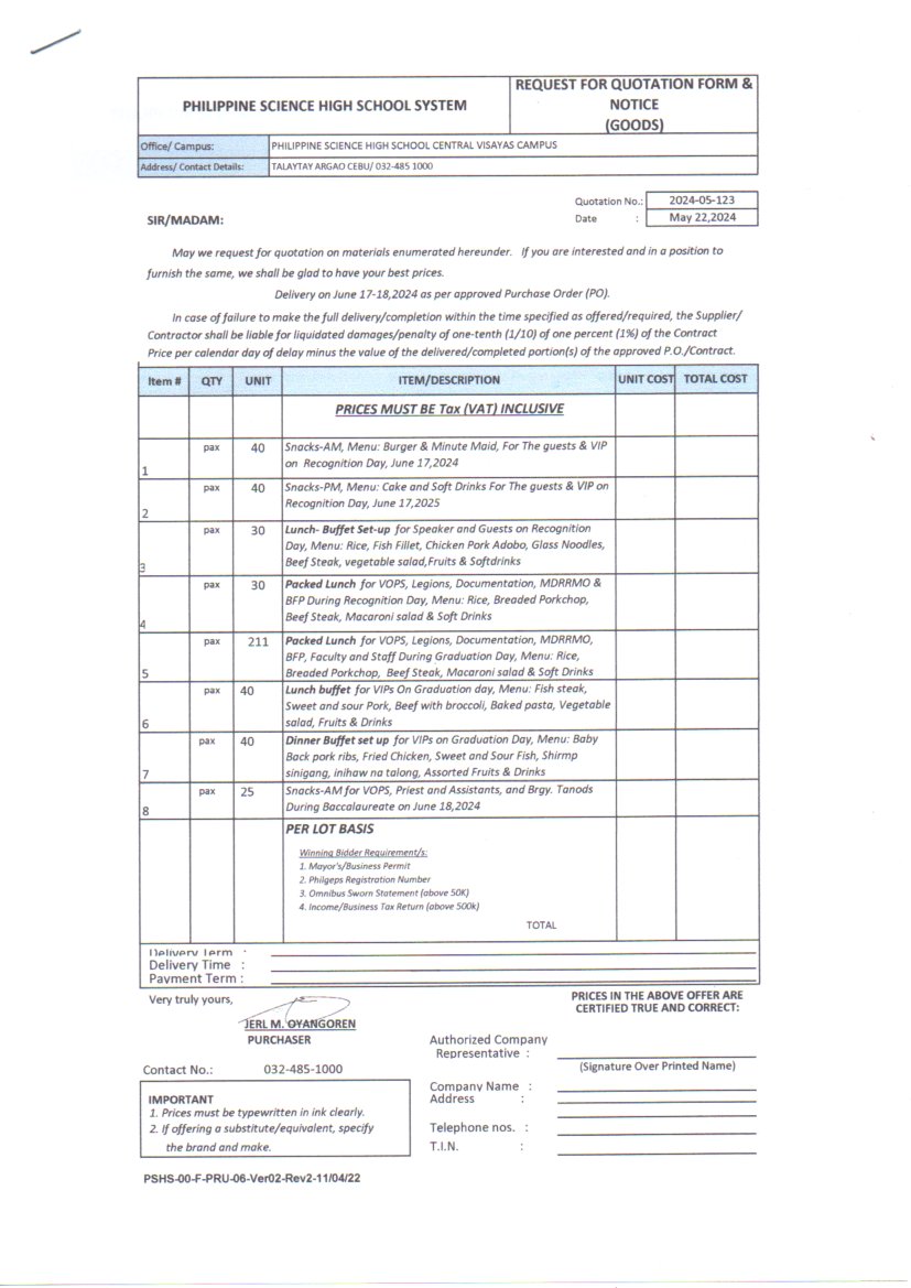 RFQ purchase meals snacks recognition graduation 2024 p1of2