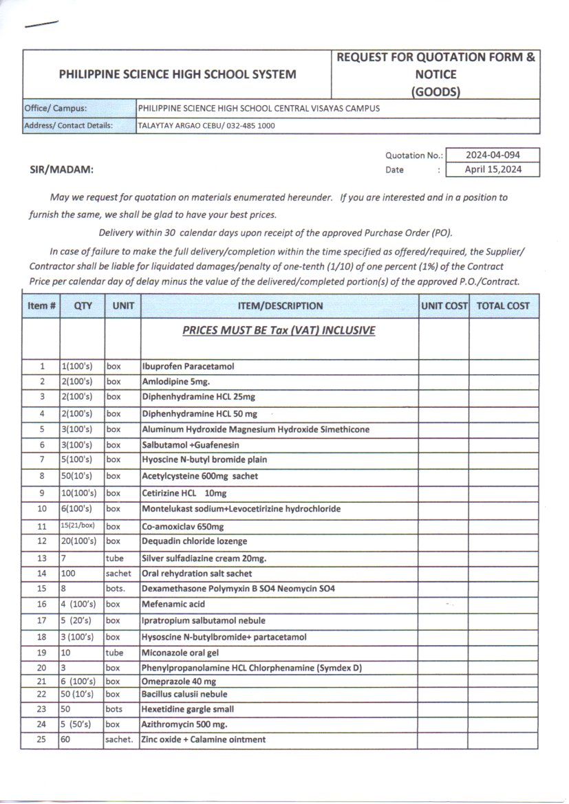 RFQ various medicines and clinic supplies p1of3